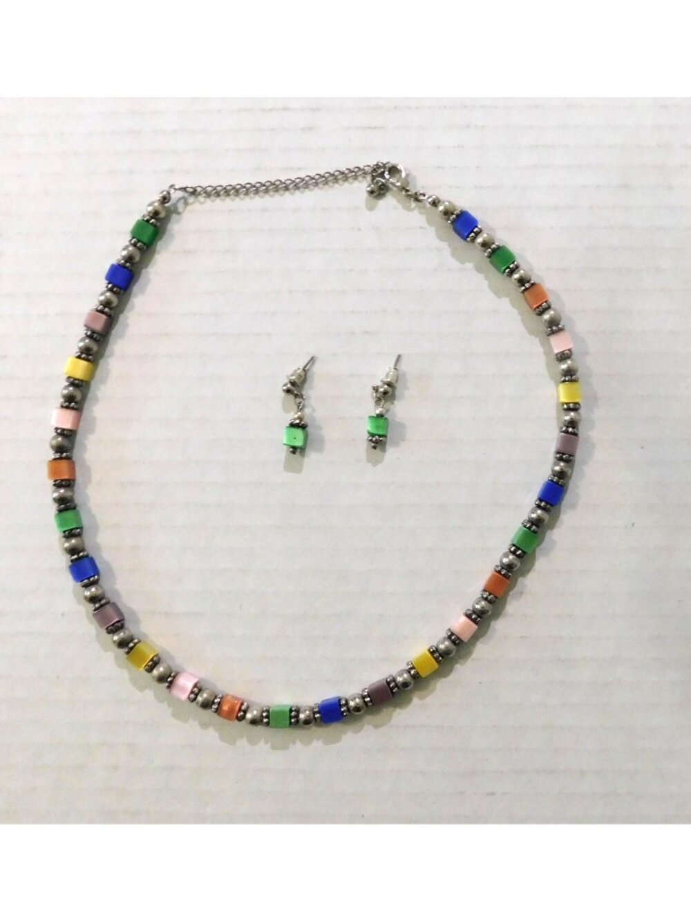 Colorful Square Beaded Necklace Pierced Earrings Set 16-20" Extender Multicolor
